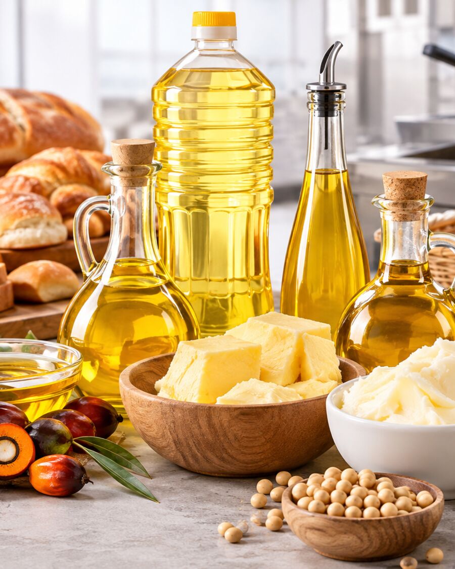 Aceite vegetal refinado en recipientes de vidrio sobre una mesa de acero