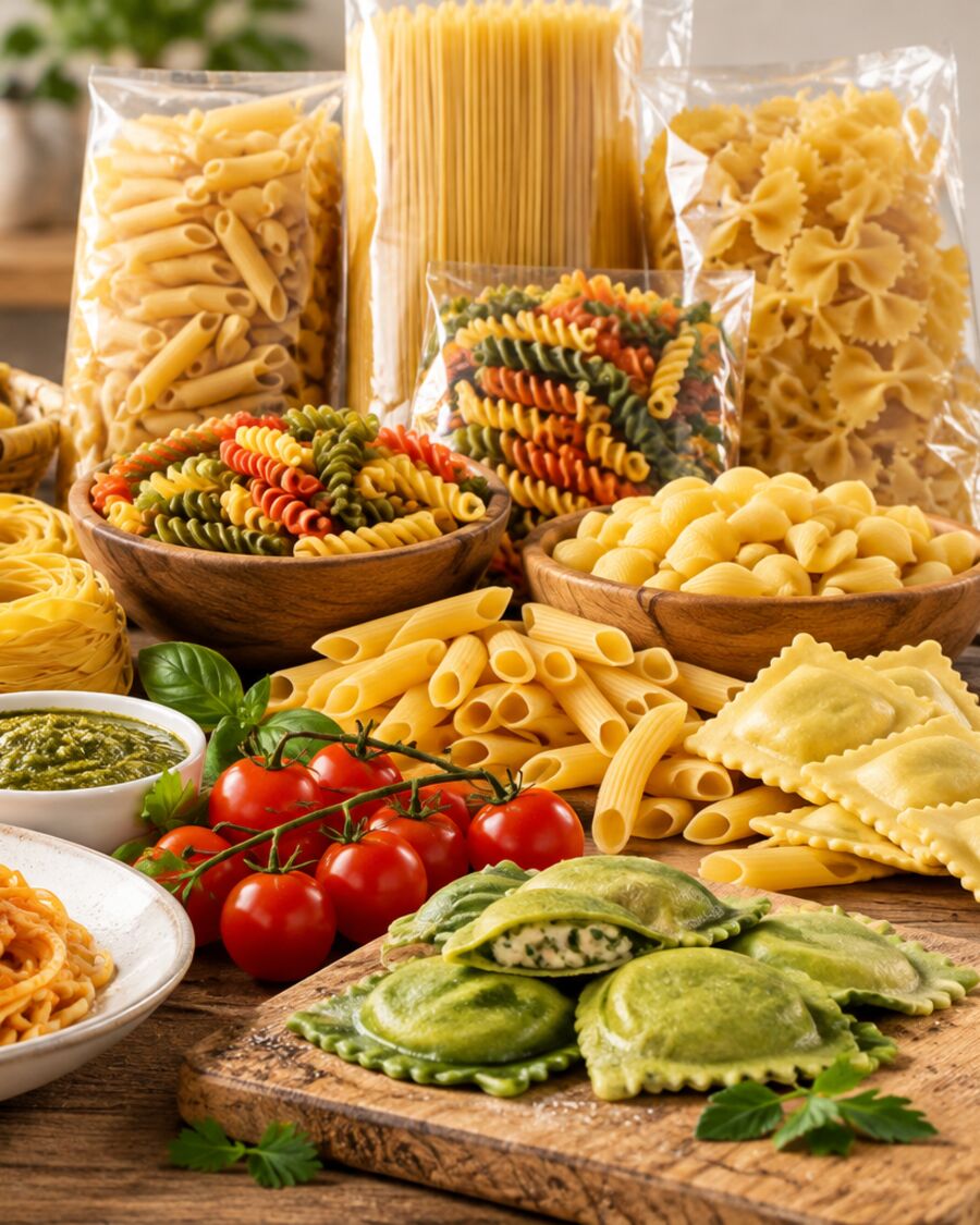 Pastas secas de trigo candeal y alimentos envasados dispuestos sobre madera clara