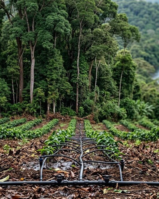 Límite entre una plantación en hileras y un bosque nativo en pie, con riego por goteo en primer plano